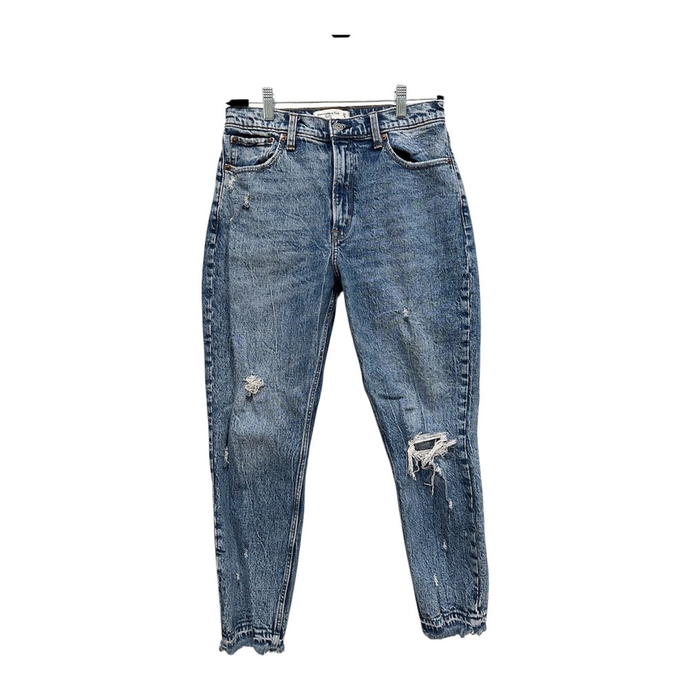 Abercrombie & Fitch The Mom High Rise Distressed Jeans Blue 29 8R Raw Hem